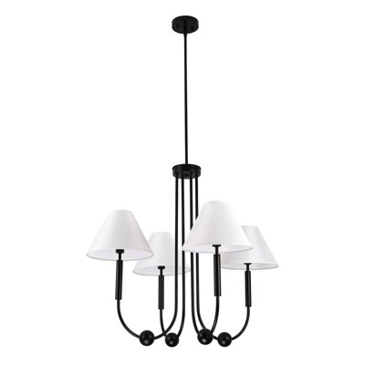 PAKOKULA 4-Light Matte Black Sputnik Chandelier with White Fabric Shade for Living Room Bedroom