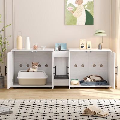 Whizmax Litter Box Enclosure for 2 Cats, Cat Hidden Litter Box Enclosure Furniture with Double Room, Wooden Enclosed Cat Litter Box Furniture,White