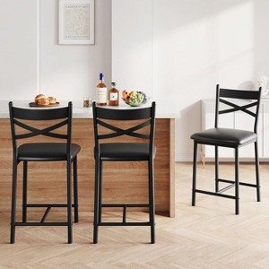 Bar Stools Set of 2/4, PU Upholstered Bar Chairs, Kitchen Island Chairs with X-Shaped Backrest and Metal Footrest, Black Counter Height Chairs - 1 of 4