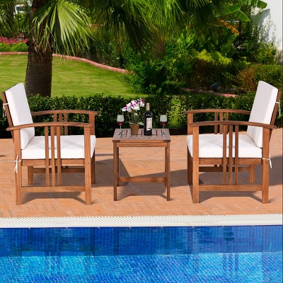 Tangkula 3-Piece Outdoor Acacia Wood Sectional Conversation Sofa Set with Cushions