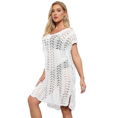 Cover Ups for Womens Bathing Suits Pointelle Knit Cap Sleeve Crochet Knit Bikini Sets Cover Up Dress with Thigh Slit Side Tie Beach Dress
