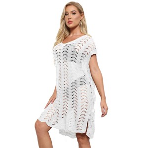 Cover Ups for Womens Bathing Suits Pointelle Knit Cap Sleeve Crochet Knit Bikini Sets Cover Up Dress with Thigh Slit Side Tie Beach Dress - 1 of 4