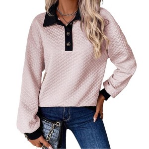 Coolmee Women's Long Sleeve Tops Textured Colorblock Buttoned Sweatshirt Collar Top - 1 of 4