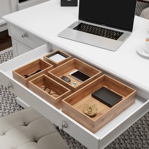 Drawer Organizer -5 Compartment Modular Natural Wood Bamboo Space Saver Tray Storage for Kitchen, Office, Bedroom and Bathroom by Hastings Home - 1 of 4