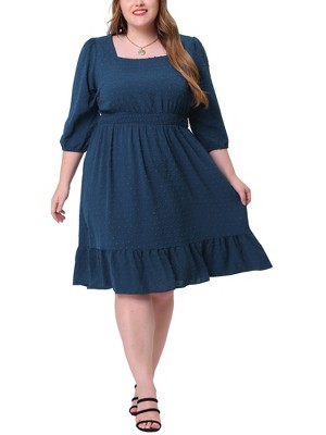 Agnes Orinda Women's Plus Size Square Neck Swiss Dots Wedding Empire Waist Ruffle Hem Chiffon Midi Dresses