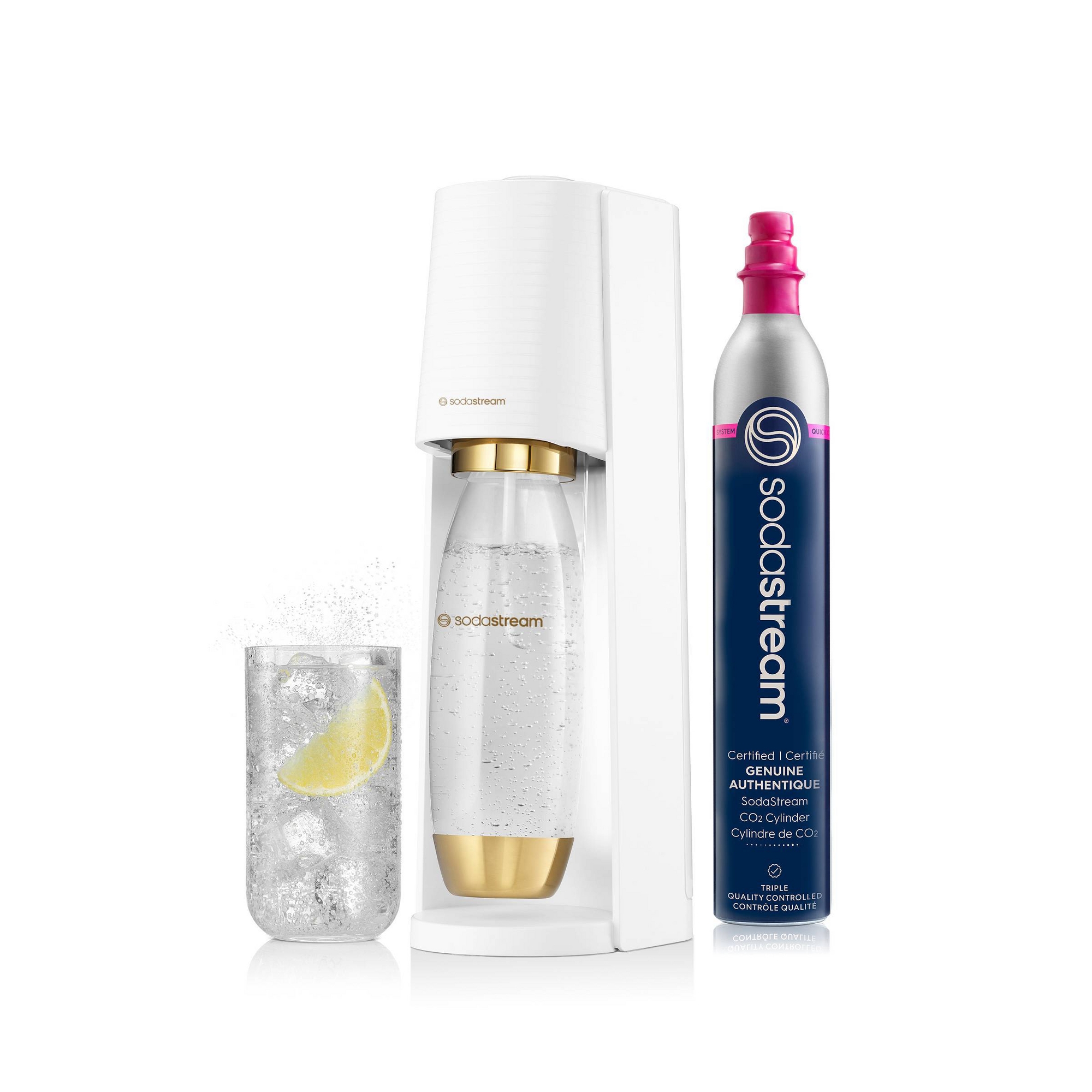 SodaStream Terra Sparkling Water Maker with CO2 and Carbonating Bottle White/Gold: Soda Streamer Machine
