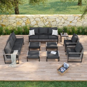Sonkuki Outdoor Furniture Set Patio Conversation Sofa with Coffee Table Set, All-Weather PE Rattan Couch with Cushion - 1 of 4
