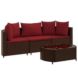 vidaXL Patio Sofa Set with Cushions Lounge Setting Outdoor Furniture Poly Rattan - Brown and Red - 1 of 4