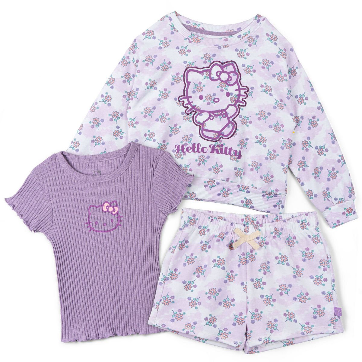 Hello Kitty Girls French Terry Drop Shoulder Pullover Sweatshirt, Ribbed T-Shirt and Shorts 3 Piece Outfit Set Little Kid to Big Kid
