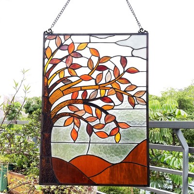 Autumnal Floral Stained Glass Window Panel with Black Finish, 24" Tall
