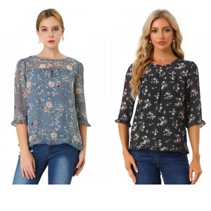 Allegra K Women's Round Neck Ruffle 3/4 Sleeve Floral Print Chiffon Blouse 2 Pcs - 1 of 4