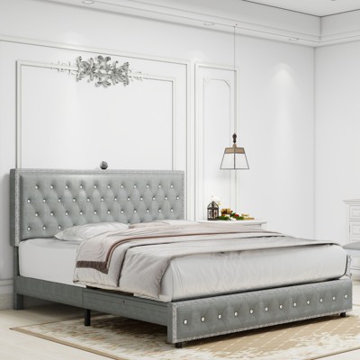 Okak Full Velvet Platform Bed Frame Upholstered Bed with Adjustable Height Headboard and USB Charger Music Speaker Star Projector Noise-Free
