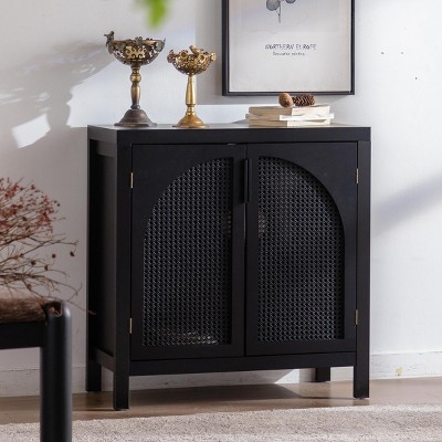 INFURNIC Decorative Storage Cabinets Black Rattan Sideboard Buffet Cabinet with Adjustable Shelf for Living Room, Black, 28.94"*14"*30.2"