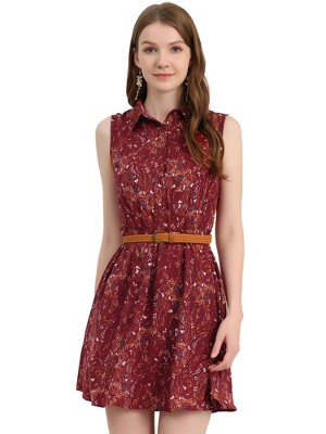 INSPIRE CHIC Women's Floral Sleeveless Half Placket Mini Belted Summer Dress