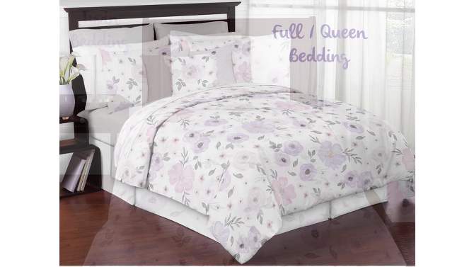 3pc Watercolor Floral Full/Queen Kids&#39; Comforter Bedding Set Lavender and Gray - Sweet Jojo Designs, 2 of 9, play video