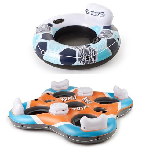 HydroForce™ Lazy Dayz Inflatable Floating River/Lake 6-Person Party Island  w/Cupholders & Back Rest, White/Orange/Blue