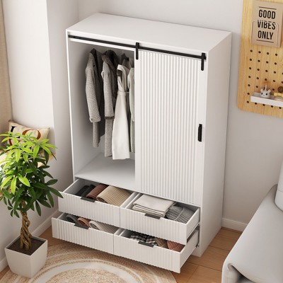 TiramisuBest Tall Armoire Wardrobe - Clothing Storage with Hanging Rod, Barn Door, Drawers & Open Shelves, Mobile w/ Locking Wheels & Adjustable Shelf