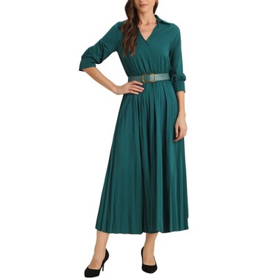 INSPIRE CHIC Women's Casual Pleated Collar V Neck Belted Maxi Dresses