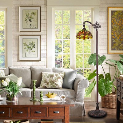 Empress Dragonfly Tiffany-Style Bronze Stained Glass Reading Floor Lamp