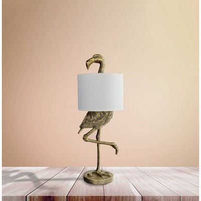 Gold Resin Flamingo Table Lamp with White Linen Shade, 32"