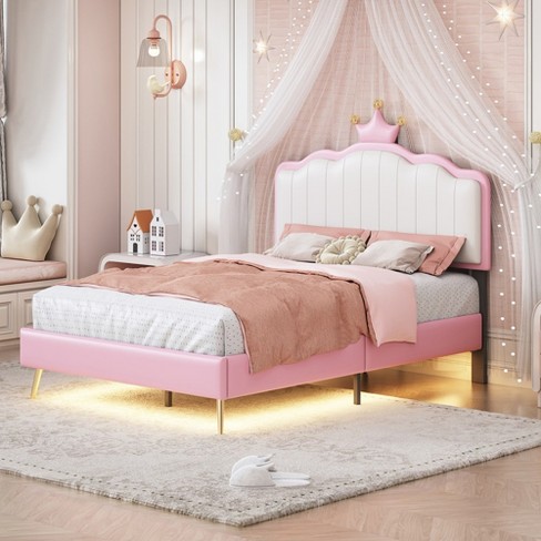 Twin size Upholstered Princess Bed With Crown Headboard, Twin Size Platform Bed with Headboard and Footboard with Light Strips,Golden Metal Legs - image 1 of 4