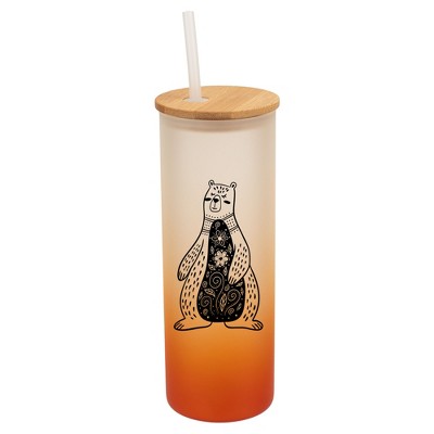 Elanze Designs Floral Bear Orange Frosted Gradient Glass Tumbler with Bamboo Lid & Straw 25 ounce Reusable Iced Coffee or Water Cup, Whimsical Animal