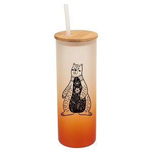 Elanze Designs Floral Bear Orange Frosted Gradient Glass Tumbler with Bamboo Lid & Straw 25 ounce Reusable Iced Coffee or Water Cup, Whimsical Animal - 1 of 4