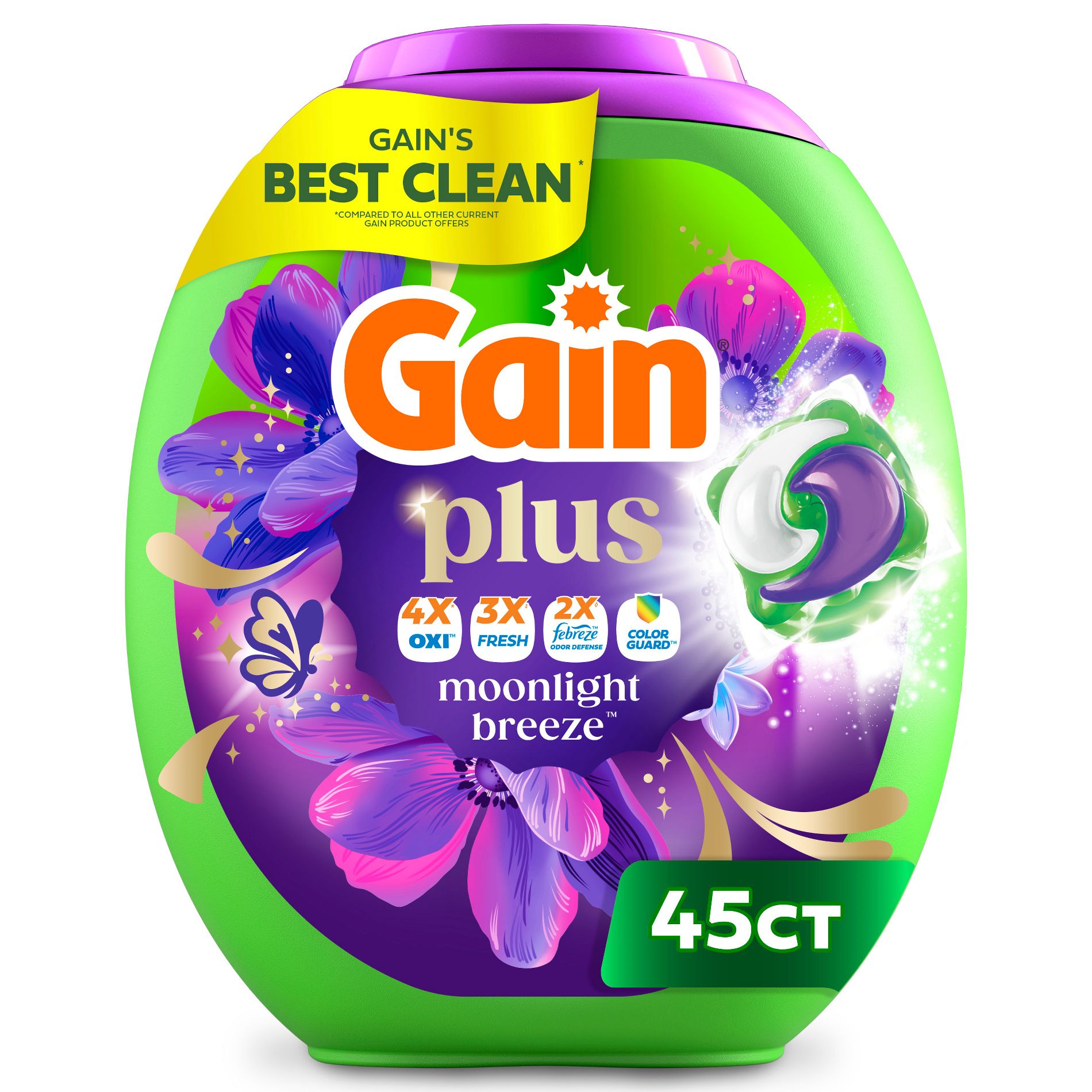Gain Moonlight Breeze Super Flings Plus Laundry Detergents - 45ct: Plastic Tub, Cold & Hot Water Detergent, Phosphate-Free