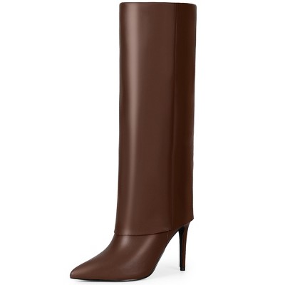 BLISSFUL STEP Women's Fold Over Pointed Toe Zipper Stiletto Heel Knee-High Boots