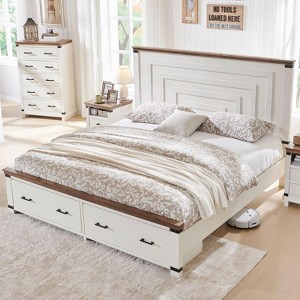 SinCiDo Queen Size Farmhouse Bed Frame, 54" Tall Geometric Headboard & 2 Storage Drawers ,Solid Wood Platform w/Reinforced Slats - 1 of 4