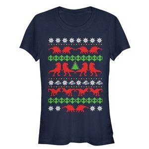 Juniors Womens Jurassic World Ugly Christmas T.Rex T-Shirt - 1 of 3