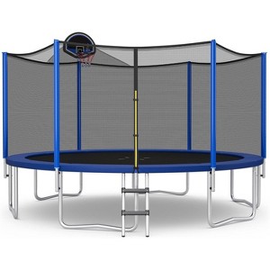 Gymax 12FT/14FT/15FT/16FT Outdoor Recreational Trampoline w/ Enclosure Net & Ladder & Basketball Hoop Combo Bounce Trampoline w/ Basketball & Pump - 1 of 4