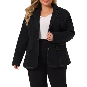 Agnes Orinda Women's Plus Size Denim Notched Lapel Color Block Stretch Blazers - 1 of 4