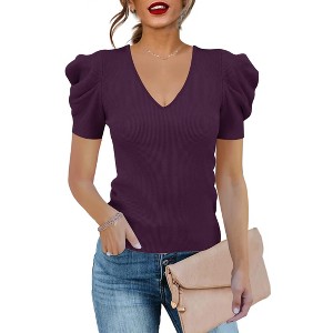 Clearlove Puff Short Sleeve Sweater for Women Tops 2025 Knit V Neck Shirt Blouses - 1 of 4