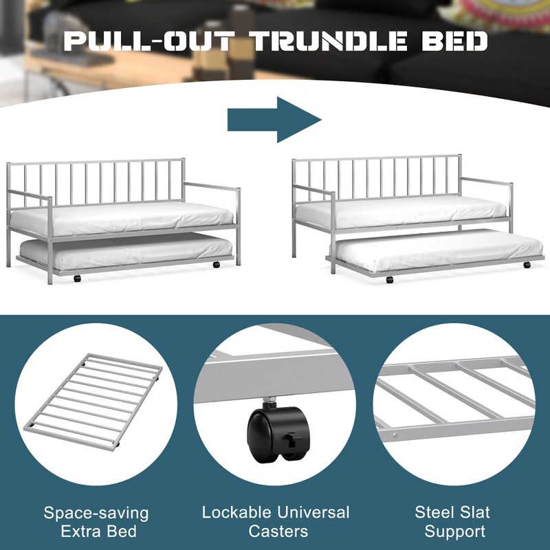 Costway Twin Metal Daybed with Roll Out Trundle Heavy Duty Frame Sofa Bed Set, 4 of 9