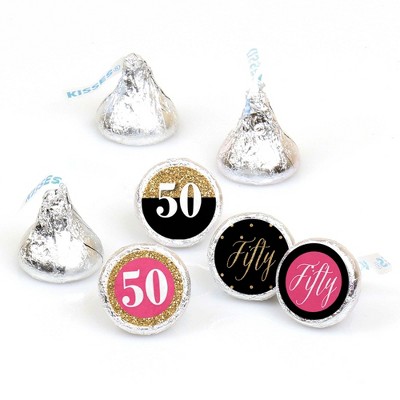 Big Dot of Happiness Chic 50th Birthday - Pink, Black and Gold - Round Candy Sticker Favors - Labels Fit Hershey's Kisses (1 sheet of 108)