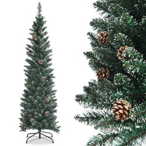 Tangkula 5/6/7FT Slim Pencil Tree Snowy Artificial Christmas Tree with 214/267/351 PVC Branch Tips & 25/31/41 Pine Cones Full Holiday Decoration Tree for Xmas - 1 of 4