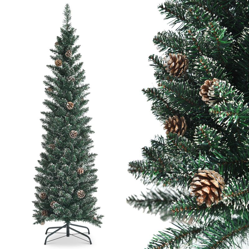 Tangkula 5/6/7FT Slim Pencil Tree Snowy Artificial Christmas Tree with 214/267/351 PVC Branch Tips & 25/31/41 Pine Cones Full Holiday Decoration Tree for Xmas, 1 of 11