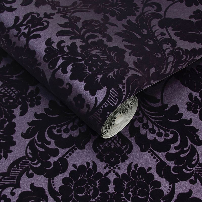Gothic Damask Flock Plum Purple and Black Paste the Wall Wallpaper, 3 of 5