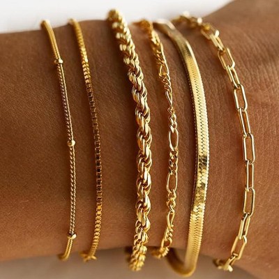 BRINJOY 6-Piece 14K Gold Plated Stackable Bracelet Set - Waterproof Thin Cuban Paperclip Chain Jewelry for Women, Elegant Gift Set