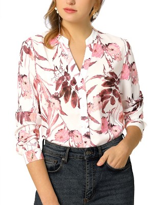 Allegra K Women's Floral Loose V Neck Long Sleeve Button-Up Shirt