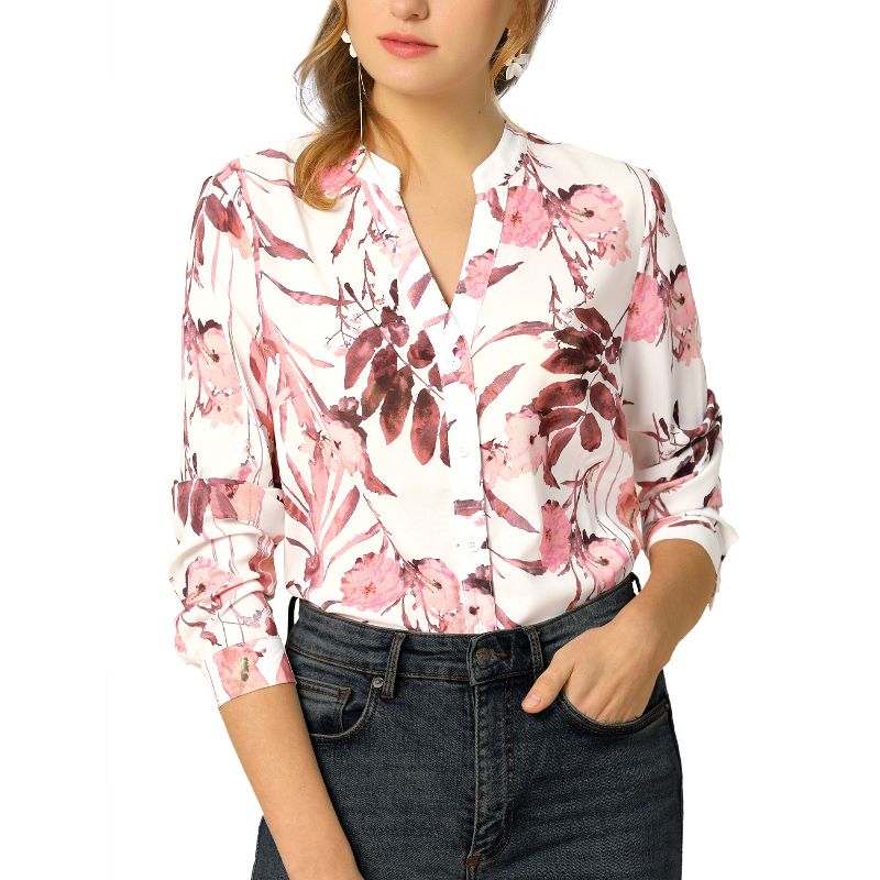 Allegra K Women's Floral Loose V Neck Long Sleeve Button-Up Shirt, 1 of 8