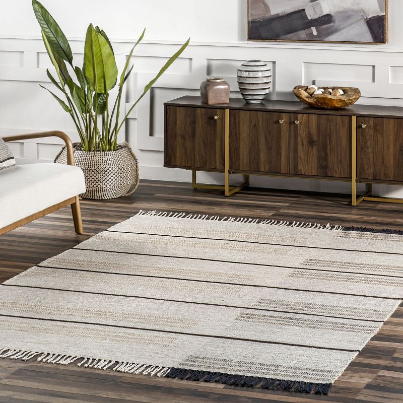 Nicky Contemporary Striped Wool Tassel Area Rug, 3 of 11