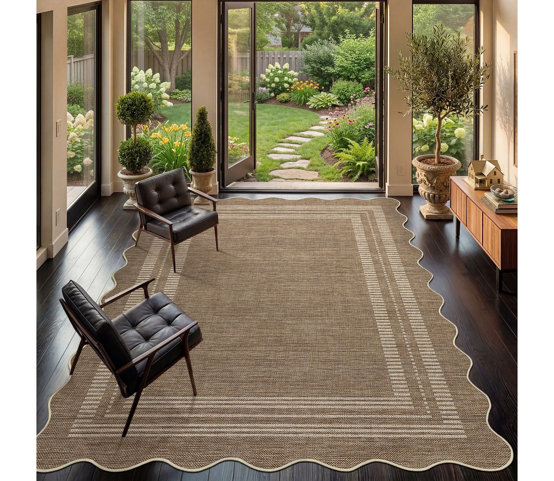 Garvee Indoor Outdoor Easy Jute Rug with Scalloped Edge, Washable Non-Slip Backing, Striped Border Patio Rugs for Living Room, Bedroom, Kitchen