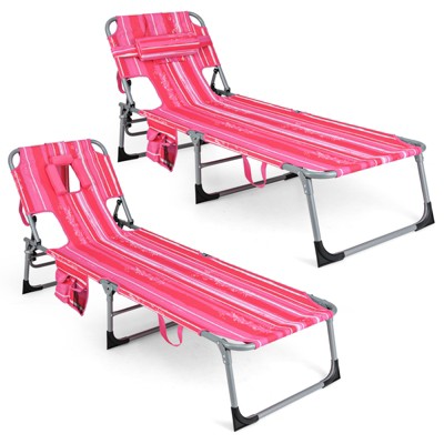 Tangkula Set of 2 Lounge Chair Beach Chair w/ Face Arm Hole Detachable Pillow Adjustable Backrest Side Pocket Outdoor Chaise Sunbathing Chair Hot Pink
