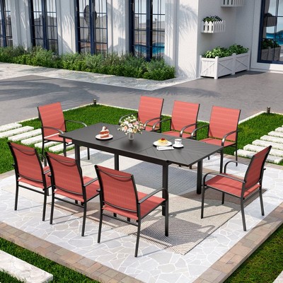 Captiva Designs 9pc Patio Dining Set with Black Expandable Steel Rectangle Table & Sling Fixed Chairs