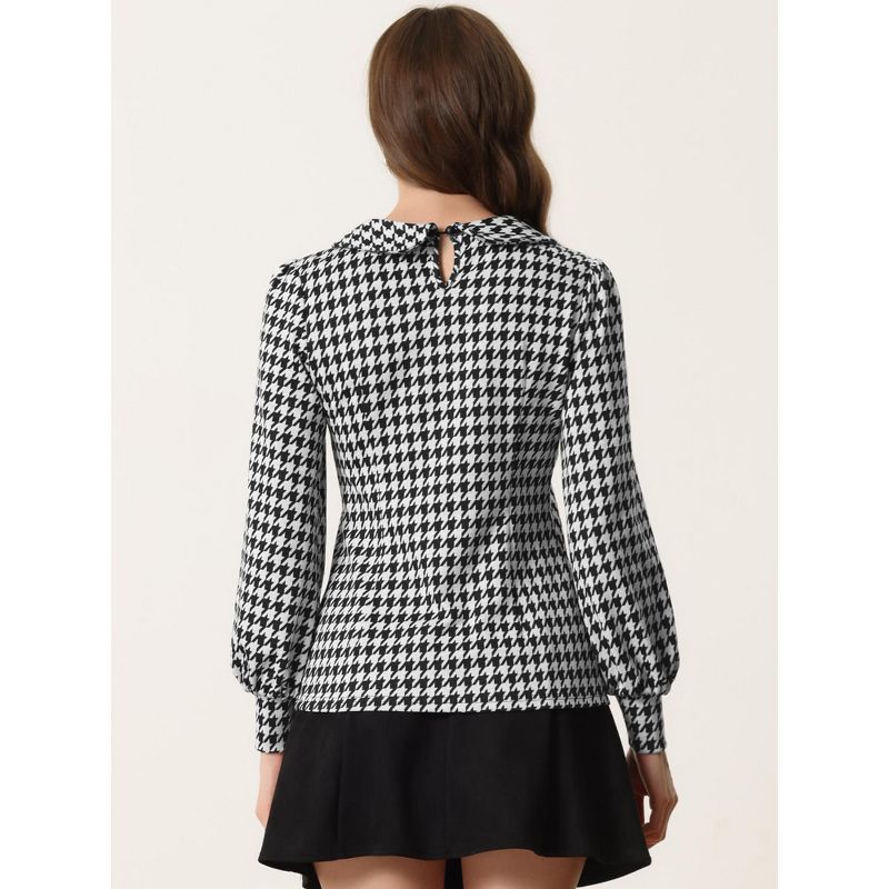 Allegra K Women's Peter Pan Collar Fashion Puff Long Sleeve Houndstooth Plaid Blouse, 4 of 6