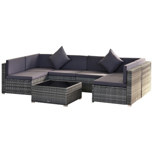 Patio PE Wicker Furniture Set 4 Pieces Outdoor Brown Rattan Sectional  Conversation Sofa Chair with Storage Box Table and Khaki Cushions