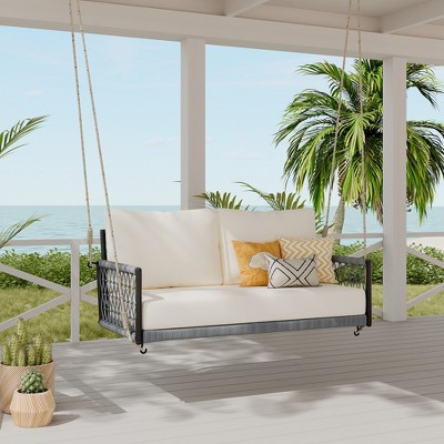 SKRAN 51.6" L  Woven Rope Outdoor Swing Lounger, Hanging Porch Swing Sofa with Soft Cushions 2-Seats for Patio,Courtyard and Balcony