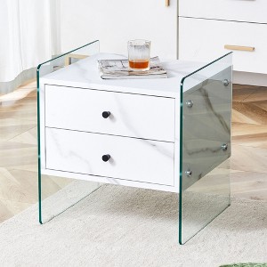 PAGED Modern Nightstand Storage Bedside Table Double-Drawer Side Table with MDF Tabletop and Tempered Glass Legs for Bedroom - 1 of 4